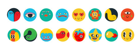 Set of Vector highlight covers. Collection of elements in trendy retro cartoon style. Hand drawn templates. Round icons for social media stories. Perfect for bloggersのイラスト素材