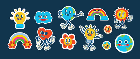 Save the planet stickers in trendy retro cartoon style. Set of Earth Day posters. Postcards for World Environment Day. Funny vector illustrations of planet Earth, sun and eco stickersのイラスト素材