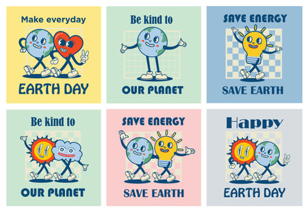 Happy Earth Day retro cards with slogan. Vintage nostalgia cartoon planet mascot character with smiling face. Globe with peace hand gesture. Environment friendly recycle concept.のイラスト素材