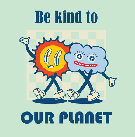 Happy Earth Day retro cards with slogan. Vintage nostalgia cartoon planet mascot character with smiling face. Globe with peace hand gesture. Environment friendly recycle concept.のイラスト素材