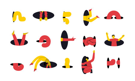Search, explore concept. Different people coming, flying, jumping, looking through and out of holes. Happy enthusiastic funny men and women. Graphic vector illustrationのイラスト素材