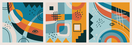 Hand drawn abstract backgrounds with various geometric shapes and doodle objects. Contemporary modern trendy vector illustration in bright colorsのイラスト素材