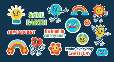 Save the planet stickers in trendy retro cartoon style. Set of Earth Day posters. Postcards for World Environment Day. Funny vector illustrations of planet Earth, sun and eco stickersのイラスト素材