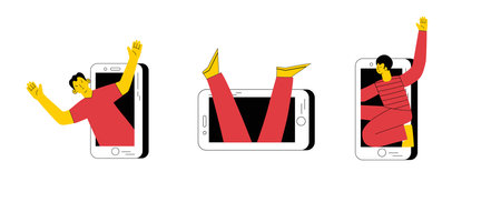 Technology of customers retention. Social media marketing and Dependence on the phone and the Internet. Illustration of the people fallen into a smartphone. Vectorのイラスト素材