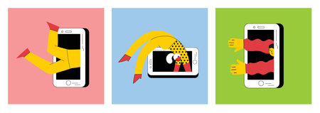 Technology of customers retention. Social media marketing and Dependence on the phone and the Internet. Illustration of the people fallen into a smartphone. Vectorのイラスト素材