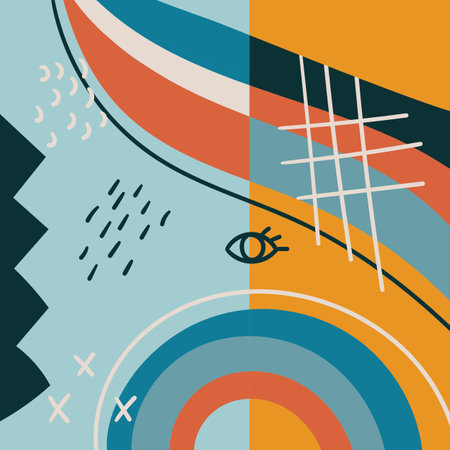 Hand drawn abstract backgrounds with various geometric shapes and doodle objects. Contemporary modern trendy vector illustration in bright colorsのイラスト素材