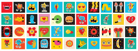 70s groovy square posters, cards or stickers. Retro print with hippie cute colorful funky character concepts of crazy geometric, dripping emoticon. Only good vibes sentenceのイラスト素材