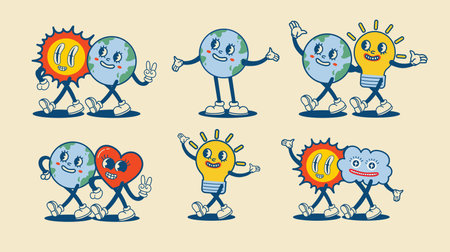 Save the planet stickers in trendy retro cartoon style. Set of Earth Day posters. Postcards for World Environment Day. Funny vector illustrations of planet Earth, sun and eco stickersのイラスト素材
