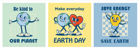 Happy Earth Day retro cards with slogan. Vintage nostalgia cartoon planet mascot character with smiling face. Globe with peace hand gesture. Environment friendly recycle concept.のイラスト素材