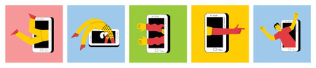 Technology of customers retention. Social media marketing and Dependence on the phone and the Internet. Illustration of the people fallen into a smartphone. Vectorのイラスト素材