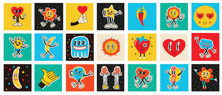 70s groovy square posters, cards or stickers. Retro print with hippie cute colorful funky character concepts of crazy geometric, dripping emoticon. Only good vibes sentenceのイラスト素材