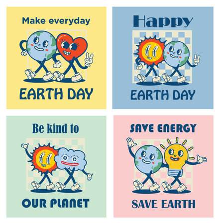 Happy Earth Day retro cards with slogan. Vintage nostalgia cartoon planet mascot character with smiling face. Globe with peace hand gesture. Environment friendly recycle concept.のイラスト素材