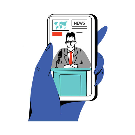 Concept of news, watching video online, podcast, talk show, tv application, live streaming. Hand holding smartphone with man with microphone on screen. Vector illustration in flat styleのイラスト素材