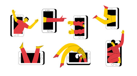 Technology of customers retention. Social media marketing and Dependence on the phone and the Internet. Illustration of the people fallen into a smartphone. Vectorのイラスト素材