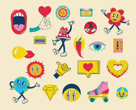 70s groovy illustrations for the posters, cards or stickers with hippie cute colorful funky character concepts of crazy geometric, dripping emoticon. Only good vibes sentenceのイラスト素材