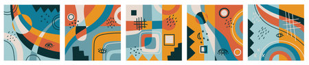 Hand drawn abstract backgrounds with various geometric shapes and doodle objects. Contemporary modern trendy vector illustration in bright colorsのイラスト素材