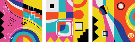 Hand drawn abstract backgrounds with various geometric shapes and doodle objects. Contemporary modern trendy vector illustration in bright colorsのイラスト素材