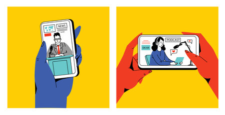 Concept of news, watching video online, podcast, talk show, tv application, live streaming. Hand holding smartphone with man with microphone on screen. Vector illustration in flat styleのイラスト素材