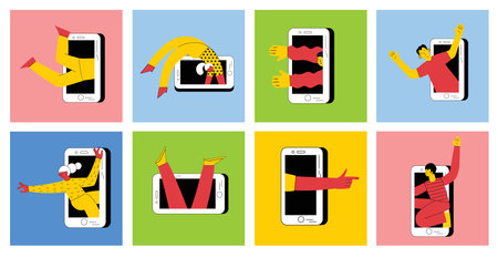 Technology of customers retention. Social media marketing and Dependence on the phone and the Internet. Illustration of the people fallen into a smartphone. Vectorのイラスト素材