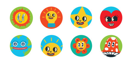 Set of Vector highlight covers. Collection of elements in trendy retro cartoon style. Hand drawn templates. Round icons for social media stories. Perfect for bloggersのイラスト素材