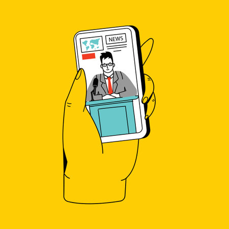 Concept of news, watching video online, podcast, talk show, tv application, live streaming. Hand holding smartphone with man with microphone on screen. Vector illustration in flat styleのイラスト素材