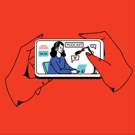 Concept of news, watching video online, podcast, talk show, tv application, live streaming. Hand holding smartphone with man with microphone on screen. Vector illustration in flat styleのイラスト素材