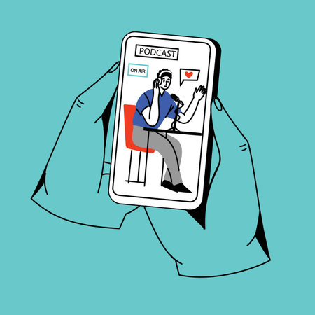 Concept of news, watching video online, podcast, talk show, tv application, live streaming. Hand holding smartphone with man with microphone on screen. Vector illustration in flat styleのイラスト素材