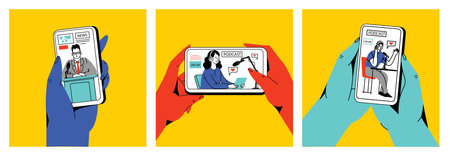 Concept of news, watching video online, podcast, talk show, tv application, live streaming. Hand holding smartphone with man with microphone on screen. Vector illustration in flat styleのイラスト素材