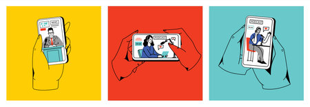 Concept of news, watching video online, podcast, talk show, tv application, live streaming. Hand holding smartphone with man with microphone on screen. Vector illustration in flat styleのイラスト素材