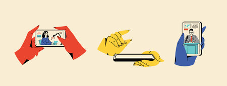 Concept of news, watching video online, podcast, talk show, tv application, live streaming. Hand holding smartphone with man with microphone on screen. Vector illustration in flat styleのイラスト素材