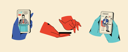 Concept of news, watching video online, podcast, talk show, tv application, live streaming. Hand holding smartphone with man with microphone on screen. Vector illustration in flat styleのイラスト素材