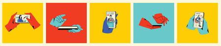 Concept of news, watching video online, podcast, talk show, tv application, live streaming. Hand holding smartphone with man with microphone on screen. Vector illustration in flat styleのイラスト素材