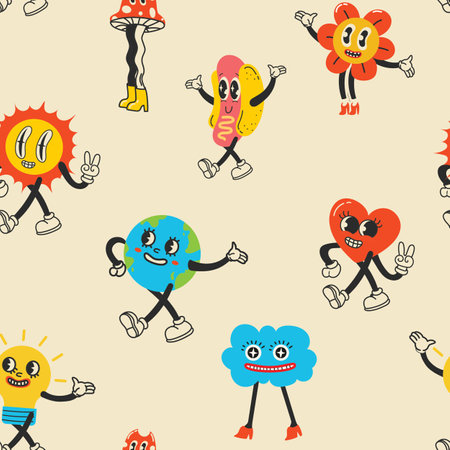 Colorful funny happy face label seamless pattern set. Collection of trendy retro sticker cartoon backgrounds. Weird comic character art wallpaperのイラスト素材