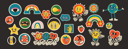 70s groovy illustrations for the posters, cards or stickers with hippie cute colorful funky character concepts of crazy geometric, dripping emoticon. Only good vibes sentenceのイラスト素材