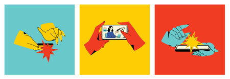 Concept of news, watching video online, podcast, talk show, tv application, live streaming. Hand holding smartphone with man with microphone on screen. Vector illustration in flat styleのイラスト素材