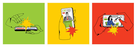 Concept of news, watching video online, podcast, talk show, tv application, live streaming. Hand holding smartphone with man with microphone on screen. Vector illustration in flat styleのイラスト素材