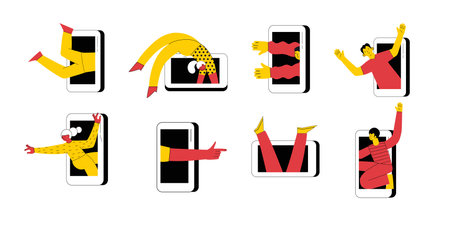 Technology of customers retention. Social media marketing and Dependence on the phone and the Internet. Illustration of the people fallen into a smartphone. Vectorのイラスト素材
