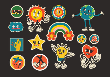 70s groovy illustrations for the posters, cards or stickers with hippie cute colorful funky character concepts of crazy geometric, dripping emoticon. Only good vibes sentenceのイラスト素材