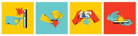Concept of news, watching video online, podcast, talk show, tv application, live streaming. Hand holding smartphone with man with microphone on screen. Vector illustration in flat styleのイラスト素材