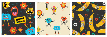 Colorful funny happy face label seamless pattern set. Collection of trendy retro sticker cartoon backgrounds. Weird comic character art wallpaperのイラスト素材