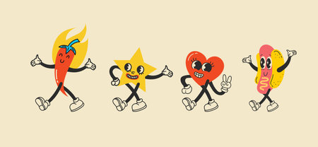 Groovy hippie love sticker character. Comic happy mushroom, hot dog and cloud character with wings in trendy retro 60s 70s cartoon style. Vintage isolated vector illustration.のイラスト素材