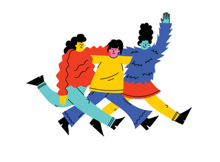 Best friends cocept illustration. Vector illustration of multicultural girls and multicultural friendship. Happy friendship day. Teenage girl friends hugging and having fun.のイラスト素材