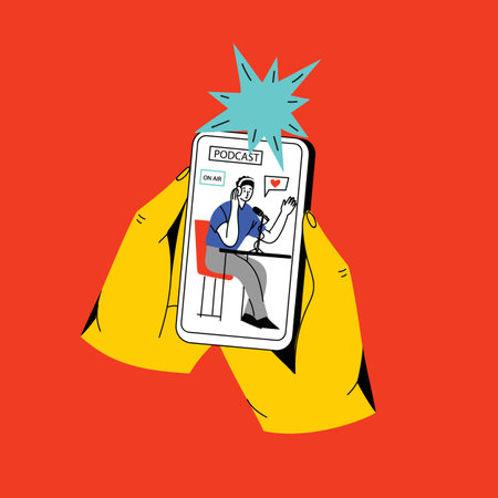 Concept of news, watching video online, podcast, talk show, tv application, live streaming. Hand holding smartphone with man with microphone on screen. Vector illustration in flat styleのイラスト素材