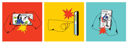 Concept of news, watching video online, podcast, talk show, tv application, live streaming. Hand holding smartphone with man with microphone on screen. Vector illustration in flat styleのイラスト素材