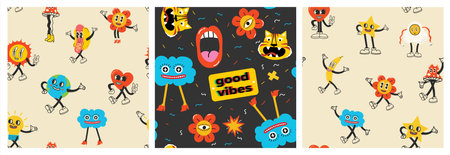 Colorful funny happy face label seamless pattern set. Collection of trendy retro sticker cartoon backgrounds. Weird comic character art wallpaperのイラスト素材