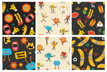 Colorful funny happy face label seamless pattern set. Collection of trendy retro sticker cartoon backgrounds. Weird comic character art wallpaperのイラスト素材