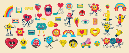 70s groovy illustrations for the posters, cards or stickers with hippie cute colorful funky character concepts of crazy geometric, dripping emoticon. Only good vibes sentenceのイラスト素材