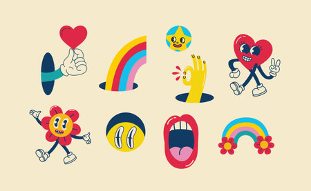 70s groovy illustrations for the posters, cards or stickers with hippie cute colorful funky character concepts of crazy geometric, dripping emoticon. Only good vibes sentenceのイラスト素材