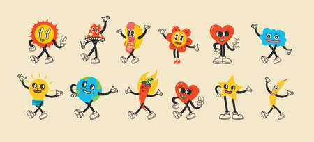 Groovy hippie love sticker character. Comic happy mushroom, hot dog and cloud character with wings in trendy retro 60s 70s cartoon style. Vintage isolated vector illustration.のイラスト素材