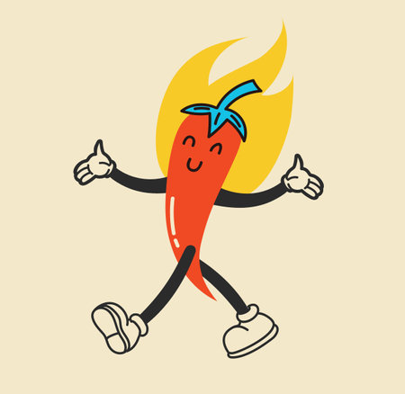 Extremely super hot retro red chilli paprika cartoon pepper smiling haracter surrounded by flamesのイラスト素材